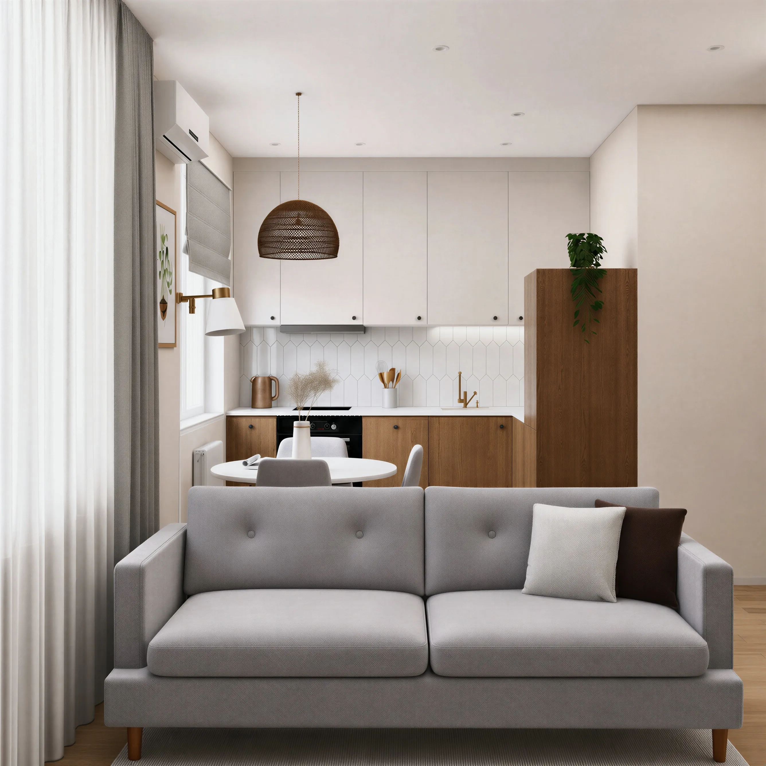 42 m² dzīvokļa dzīvojamā zona Japandi stilā — silti dabīgā koka toņi un mierīga krāsu palete