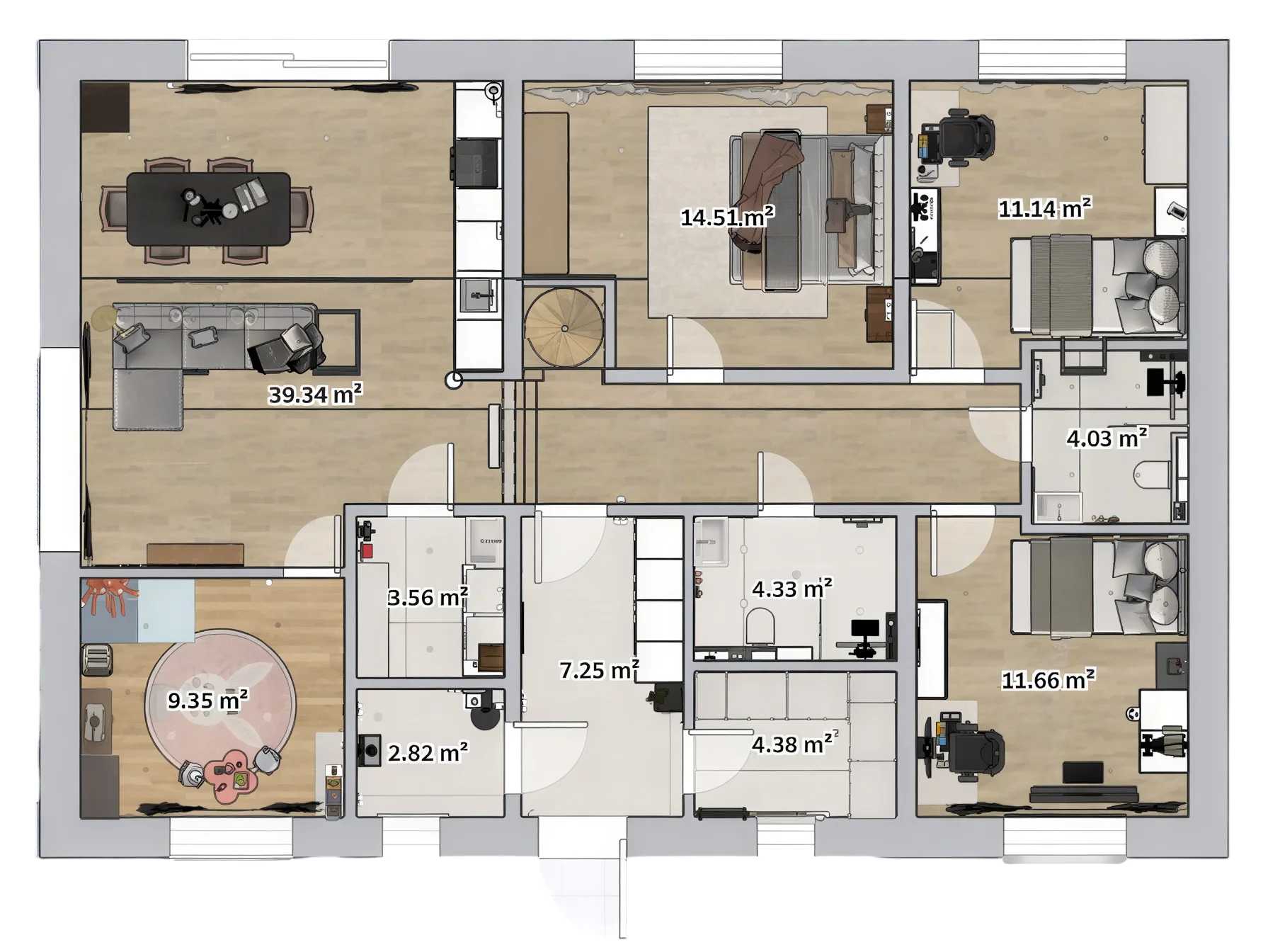 Mākoņu ielas mājas pārplānojums — telpu plāns ar kvadratūrām: 39,34 m² dzīvojamā zona, 14,51 m² guļamistaba, trīs bērnu istabas un divi sanmezgli