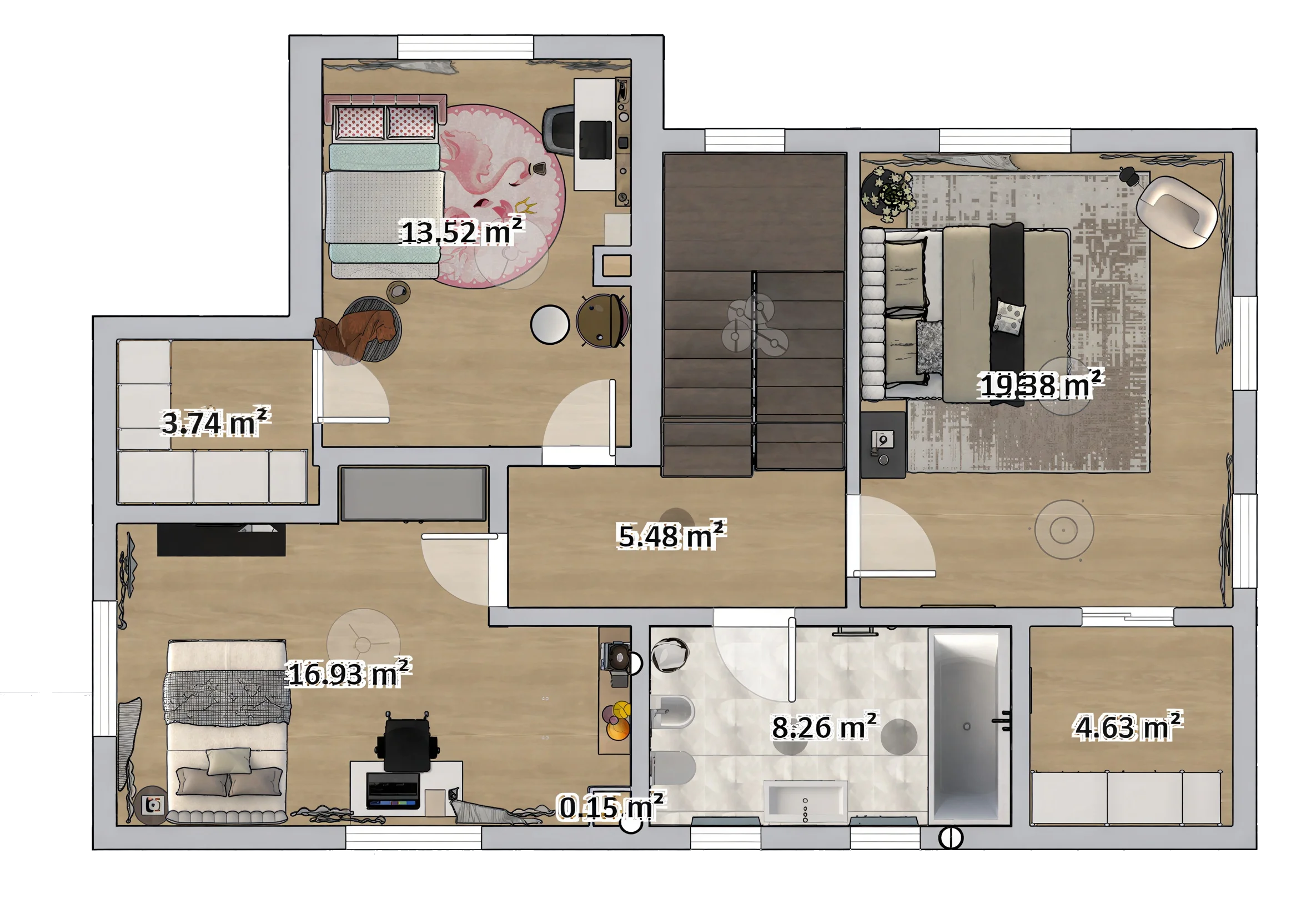 Dzilnuciema privātmājas otrā stāva plāns ar kvadratūrām: 19,38 m² un 16,93 m² guļamistabas, 13,52 m² bērnu istaba un 8,26 m² vannas istaba