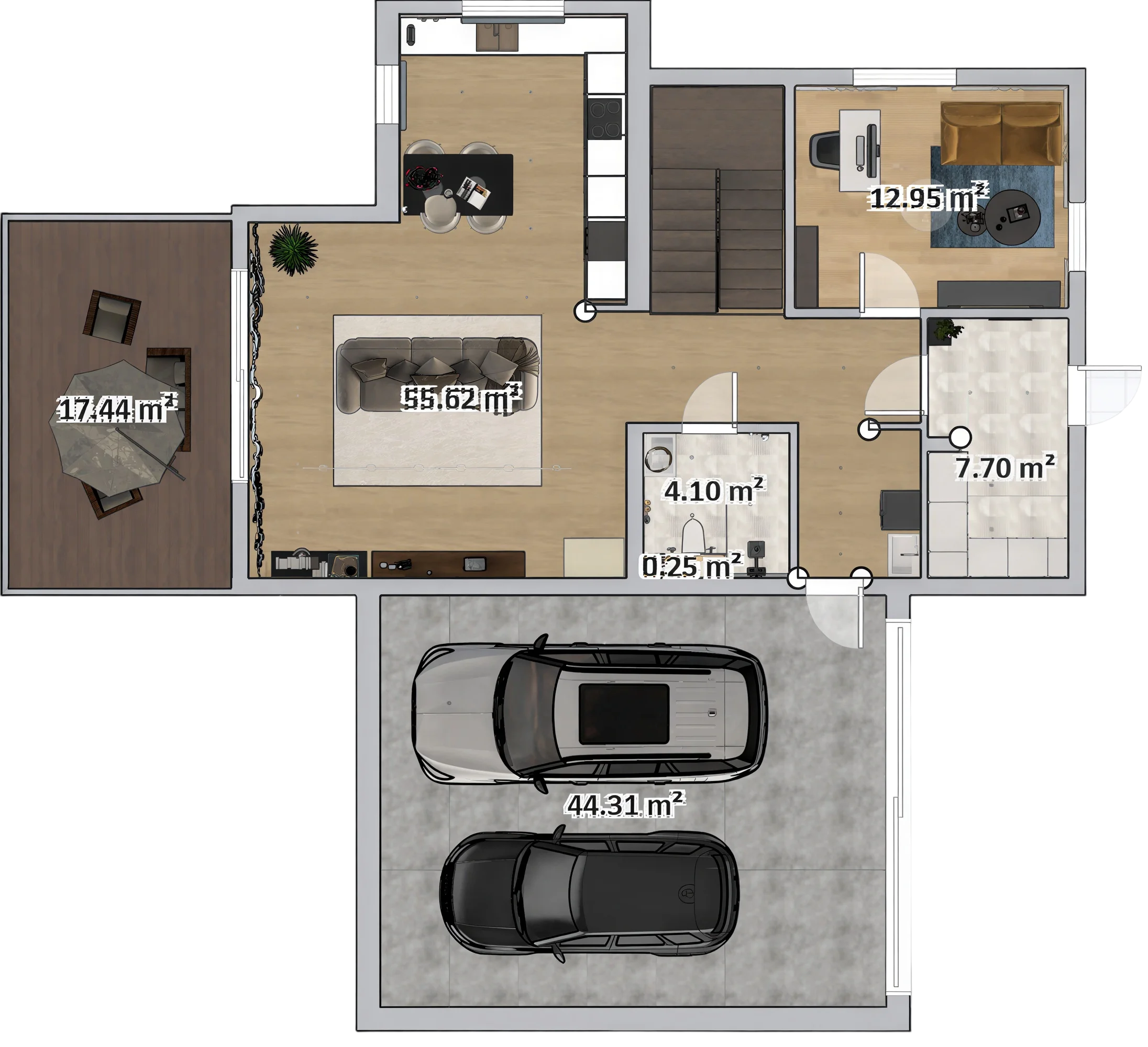 Dzilnuciema privātmājas pirmā stāva plāns ar kvadratūrām: 55,62 m² dzīvojamā zona ar virtuvi, 12,95 m² kabinets, 17,44 m² terase, 44,31 m² garāža un sanmezgli