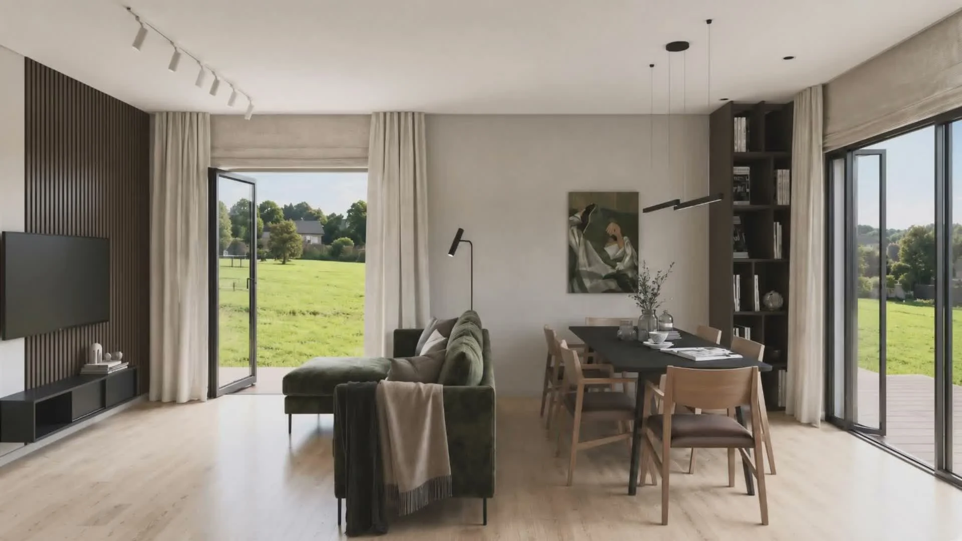 Made2Dream Design interjers — gaiša dzīvojamā un ēdamzona ar zaļu samta dīvānu, koka sienas paneli, ēdamgaldu un lielām stikla durvīm uz terasi